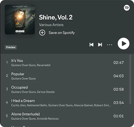 Spotify playlist embed for “Shine, Vol. 2” by various artists, displaying tracks including “It’s You,” “Popular,” “Occupied,” and “I Had a Dream.”